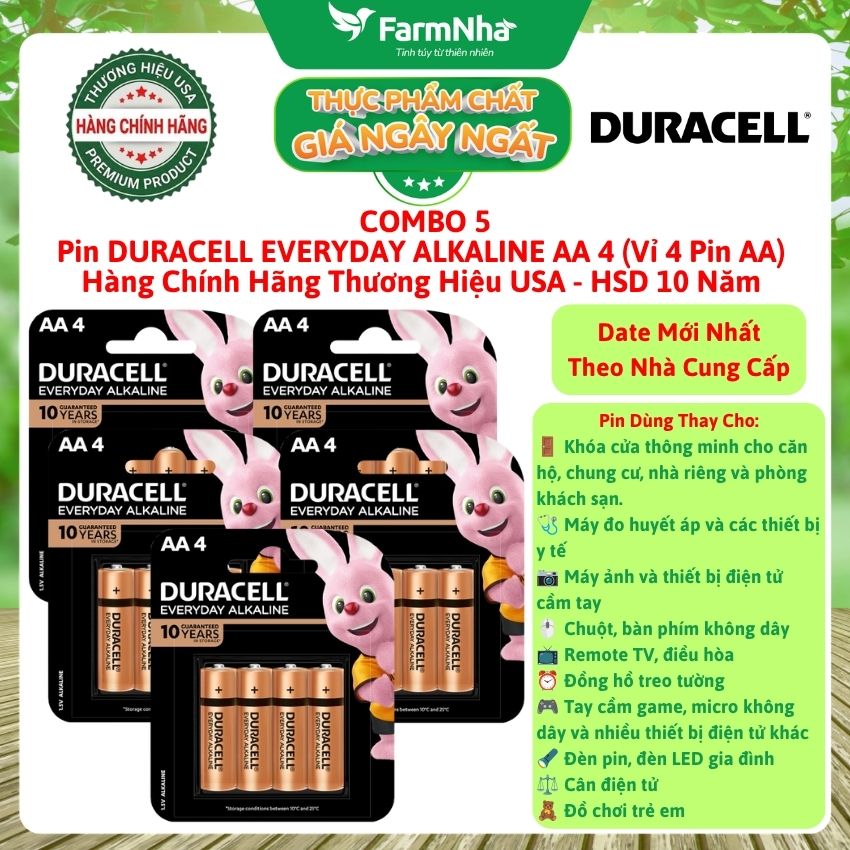 (Combo 3) Pin DURACELL EVERYDAY ALKALINE AA4 1.5V Vỉ 4 Viên - Hàng Chính Hãng USA, HSD Lưu Kho Đến 10 Năm