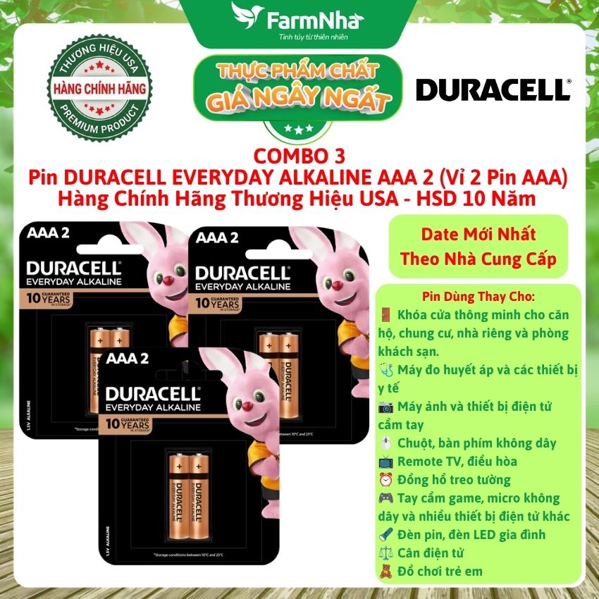 (Combo 3) Pin DURACELL Everyday Alkaline AAA2 1.5V Vỉ 2 Viên Chính Hãng – Pin Kiềm Bền Bỉ