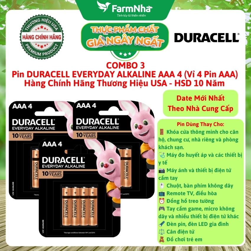 (Combo 3) Pin DURACELL Everyday Alkaline AAA4 1.5V Vỉ 4 Viên Chính Hãng – Pin Kiềm Bền Bỉ 