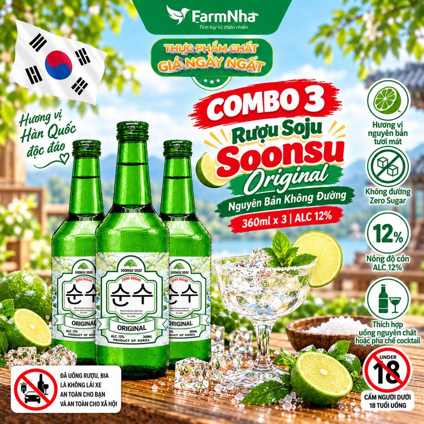 (Combo 3) Rượu Soju Soonsu Original Zero Sugar 360ml ALC 12% – Soju Truyền Thống Cao Cấp từ Hàn Quốc