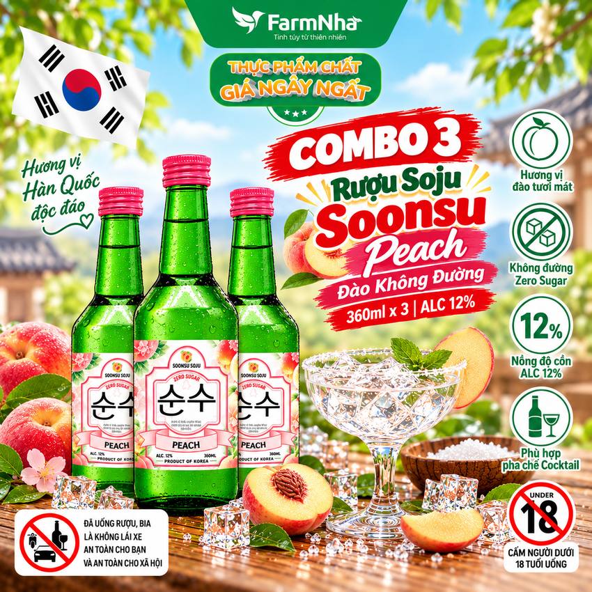 (Combo 3) Rượu Soju Soonsu Peach Zero Sugar 360ml ALC 12%– Rượu Soju Đào Không Đường Cao Cấp Từ Hàn Quốc