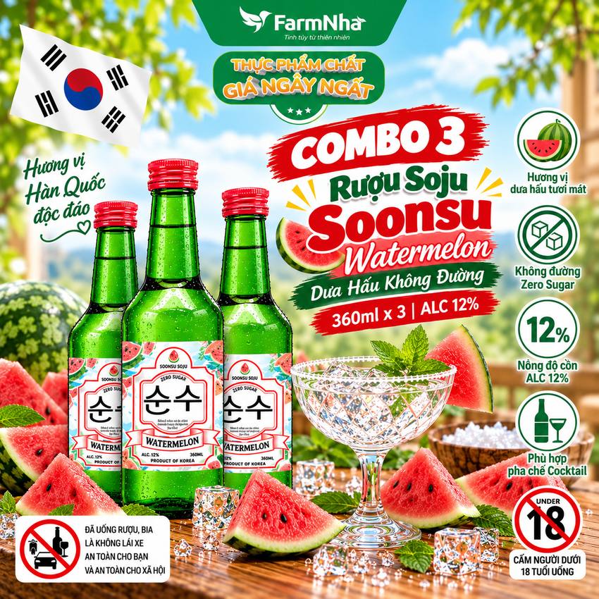 (Combo 3) Rượu Soju Soonsu Watermelon Zero Sugar 360ml ALC 12% – Soju Hương Dưa Hấu Không Đường Cao Cấp Từ Hàn Quốc