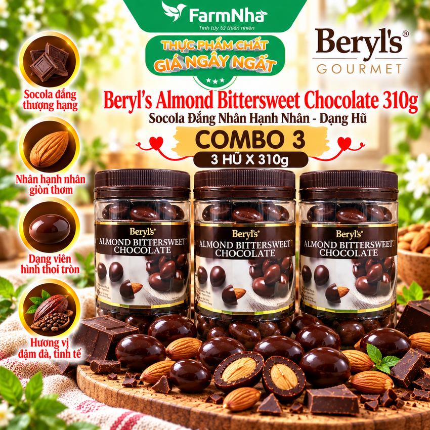 (Combo 3) Sôcôla Beryls Almond Bittersweet 310g - Vị Ngọt Ngào, Thơm Béo với Bột Sữa Nguyên Kem