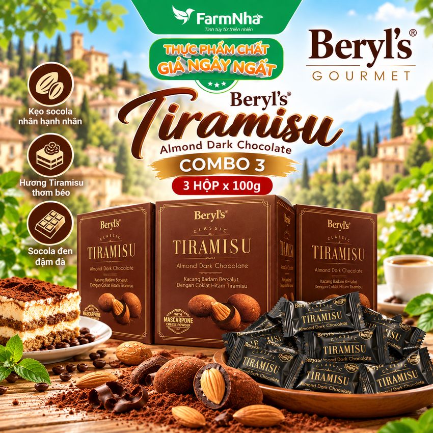 (Combo 3) Socola Tiramisu Almond Dark Chocolate 100g Beryls - Socola đen ngon hấp dẫn với bột phô mai Ý mascarpone
