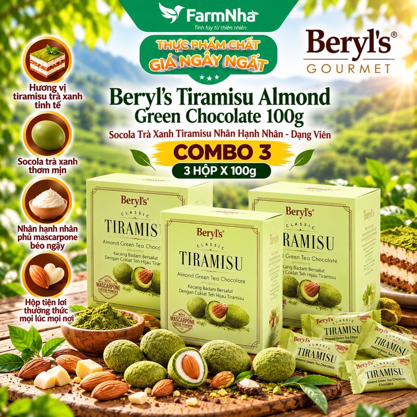 (Combo 3) Socola Beryls Tiramisu Almond Green Tea Chocolate 100g - Socola hạnh nhân trà xanh hấp dẫn với bột phô mai Mascarpone Ý