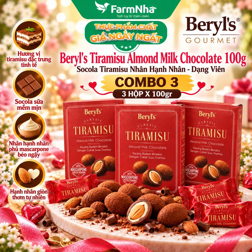 (Combo 3) Socola Beryls Tiramisu Almond Milk Chocolate 100g - Socola sữa hạnh nhân hấp dẫn với bột phô mai mascarpone Ý