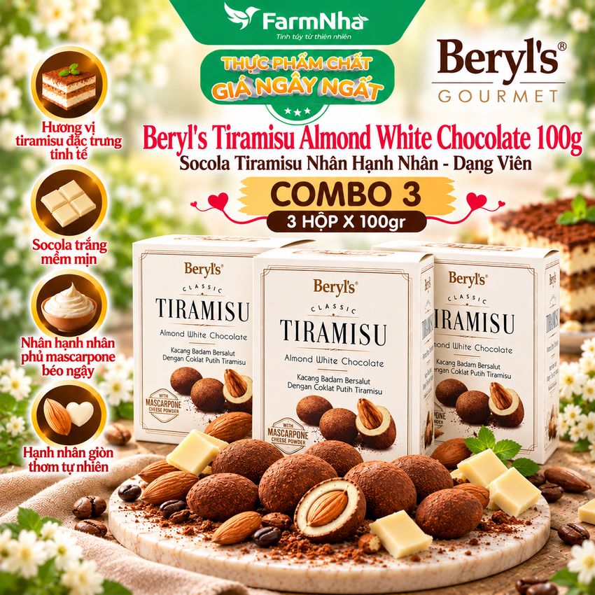 (Combo 3) Socola Beryls Tiramisu Almond White Chocolate 100g - Socola truyền thống hấp dẫn với bột phô mai kem Ý mascarpone