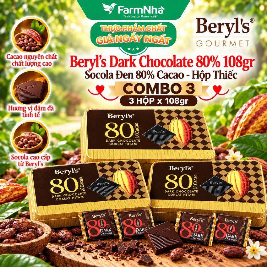 (Combo 3) Socola Beryls 80% Dark Chocolate 108g | Cacao Nguyên Chất, Vị Đắng Tinh Tế