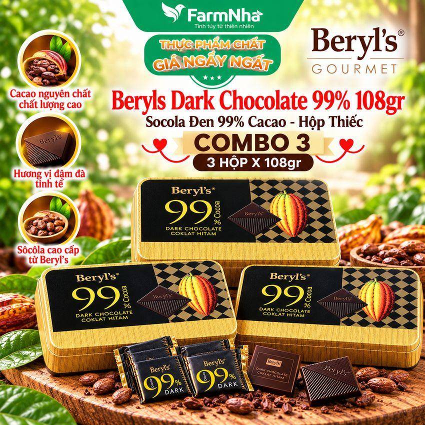 (Combo 3) Socola Beryls 99% Dark Chocolate 108g | Cacao Nguyên Chất, Vị Đắng Tinh Tế