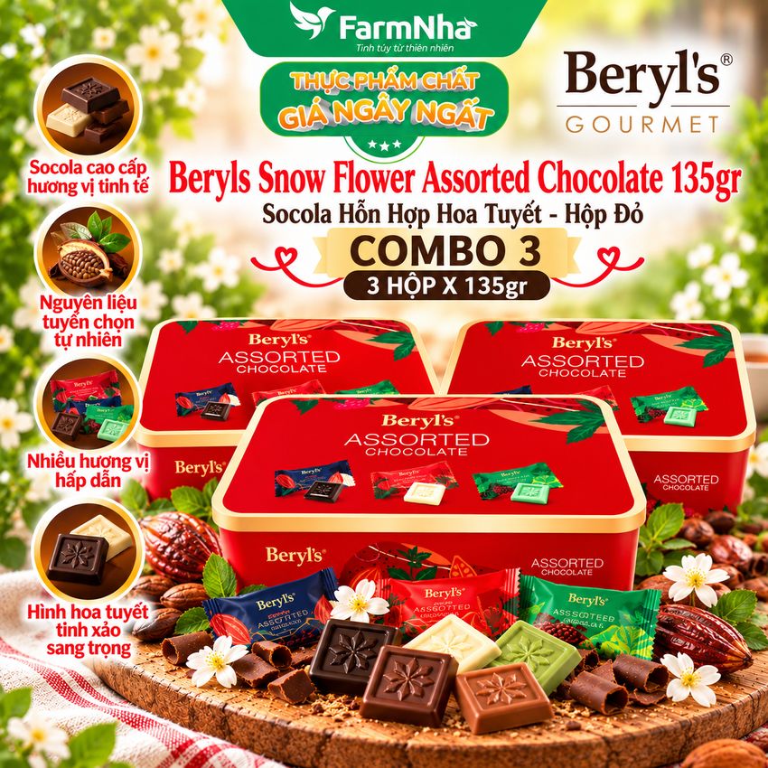 (Combo 3) Socola Beryls Snow Flower Assorted 135g Hộp Thiếc Đỏ - Sang Trọng, Trao Gửi Ngọt Ngào Mùa Lễ Hội