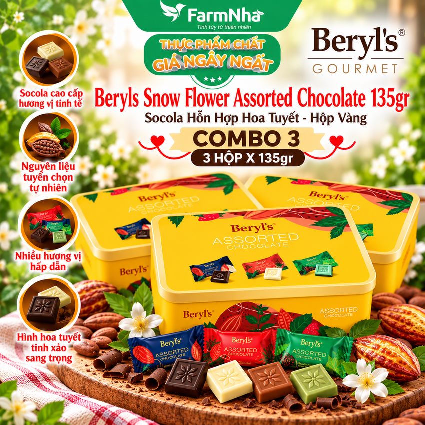 (Combo 3) Socola Beryls Snow Flower Assorted 135g Hộp Thiếc Vàng - Trao Gửi Ngọt Ngào & Sang Trọng