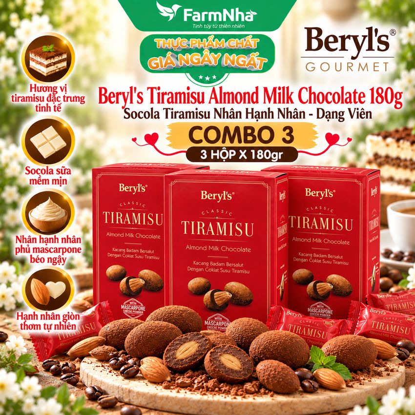 (Combo 3) Socola Beryls Tiramisu Almond Milk Chocolate 180g - Tiramisu, Sữa và Hạnh Nhân Béo Ngậy