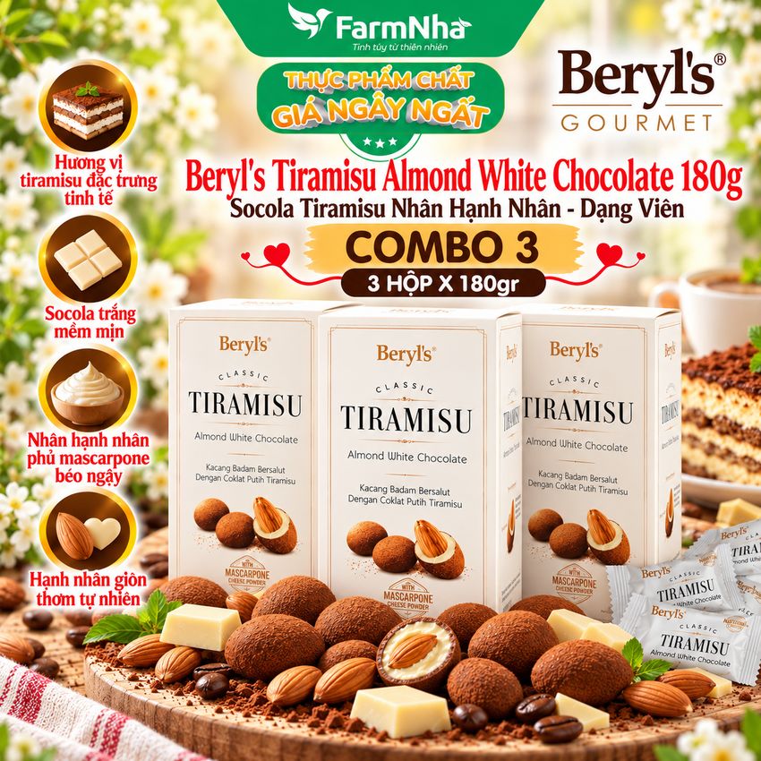(Combo 3) Socola Beryls Tiramisu Almond White Chocolate 180g - Socola Trắng và Hạnh Nhân Béo Ngậy