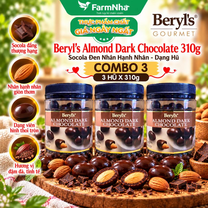 (Combo 3) Socola Beryls Almond Dark Chocolate 310gr - Sôcôla Đen Hảo Hạng và Hạnh Nhân Giòn Ngon Thơm Lừng