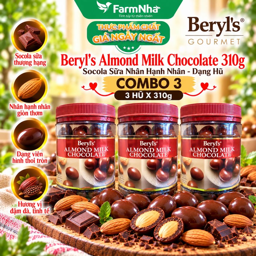 (Combo 3) Sôcôla Beryls Almond Milk Chocolate 310g - Socola Sữa và Hạnh Nhân Thơm Ngon Béo Ngậy