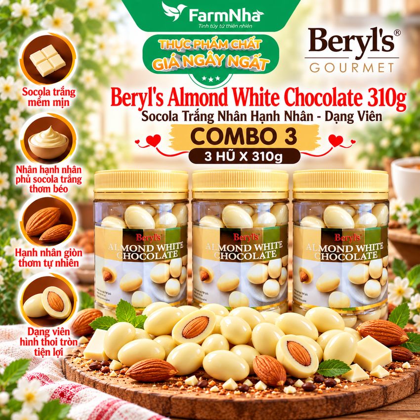(Combo 3) Sôcôla Beryls Almond White Chocolate 310g - Hương vị Sô cô la Trắng và Hạnh Nhân Tuyệt Vời