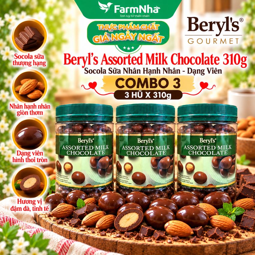 (Combo 3) Sôcôla Beryls Assorted Milk Chocolate 310g - Hương Vị Socola Tuyệt Vời với Hỗn Hợp Các Loại Hạt