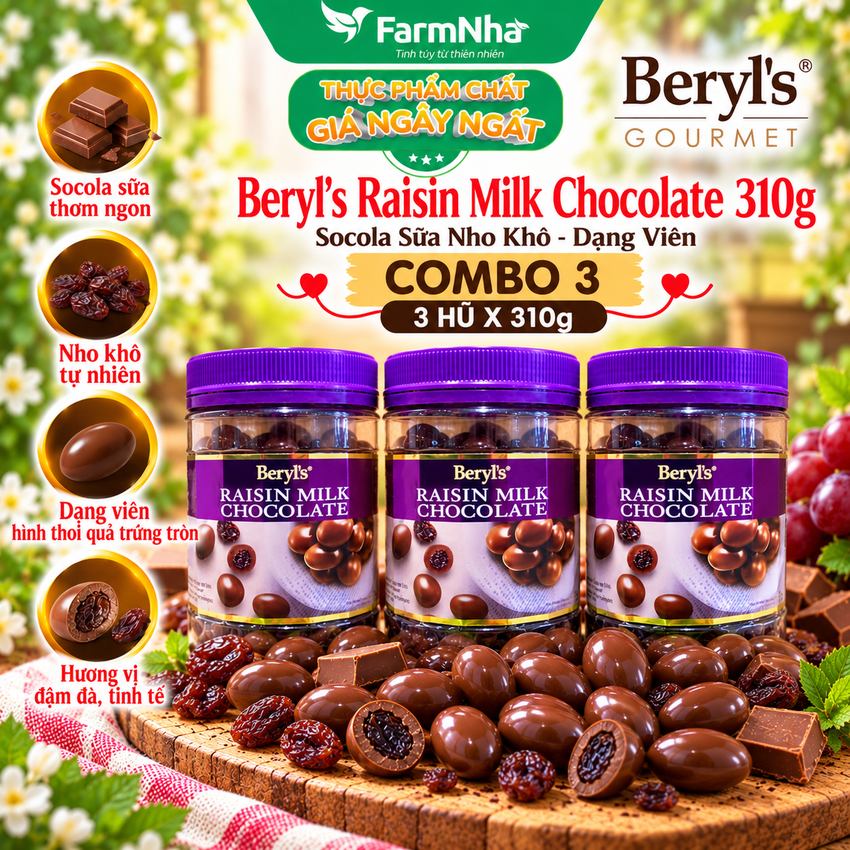 (Combo 3) Sôcôla Beryls Raisin Milk Chocolate 310gr - Sôcôla Sữa Hảo Hạng nhân Nho Khô Tuyệt Hảo