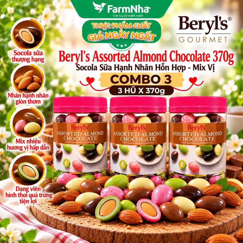 (Combo 3) Socola Beryl’s Assorted Almond Chocolate 370g Mix Vị – Socola Hạnh Nhân Đủ Vị, Ngon Khó Cưỡng