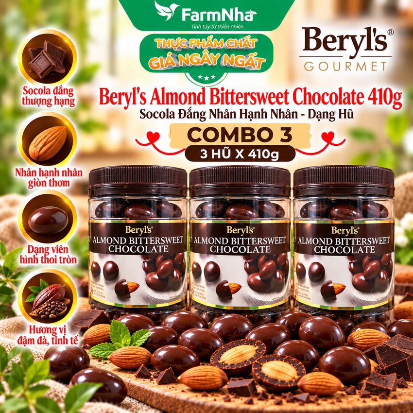 (Combo 3) Sôcôla Beryls Almond Bittersweet 410g - Vị Ngọt Ngào, Thơm Béo với Bột Sữa Nguyên Kem