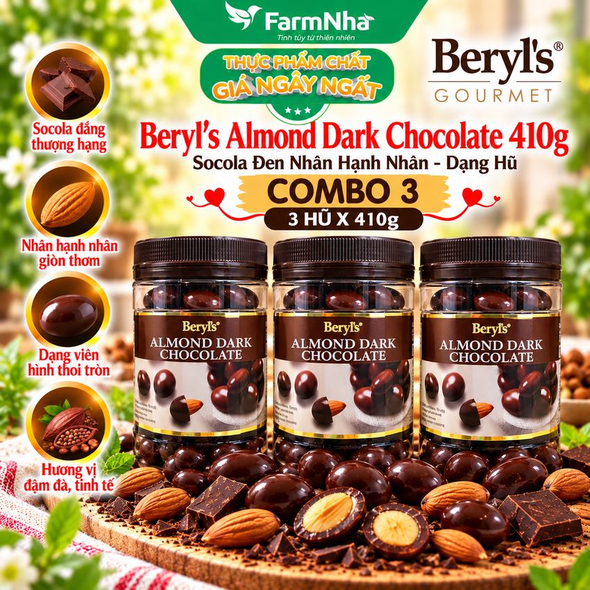 (Combo 3) Socola Beryls Almond Dark Chocolate 410gr - Sôcôla Đen Hảo Hạng và Hạnh Nhân Giòn Ngon Thơm Lừng