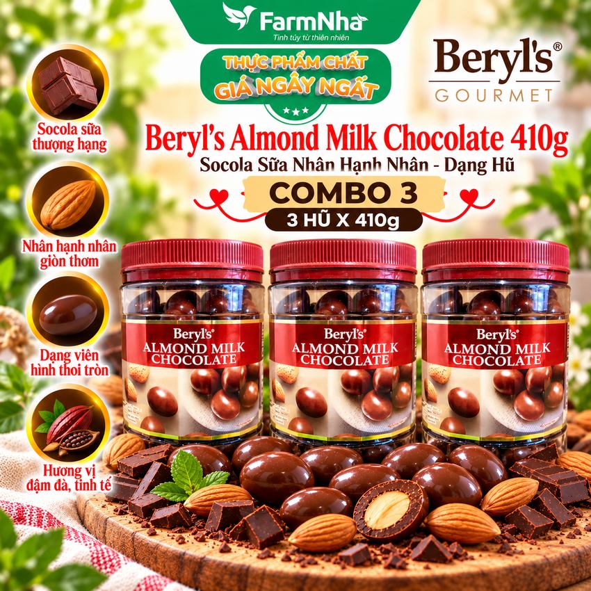 (Combo 3) Sôcôla Beryls Almond Milk Chocolate 410g - Socola Sữa và Hạnh Nhân Thơm Ngon Béo Ngậy