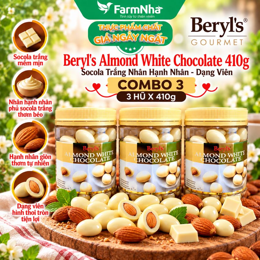 (Combo 3) Sôcôla Beryls Almond White Chocolate 410g - Hương vị Sô cô la Trắng và Hạnh Nhân Tuyệt Vời