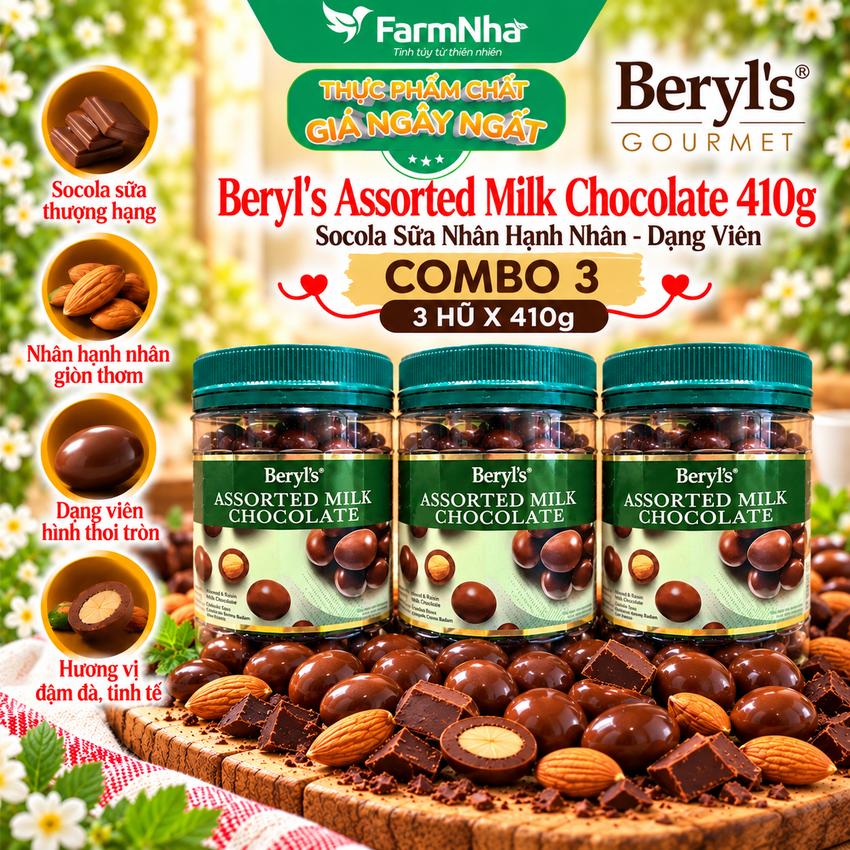 (Combo 3) Sôcôla Beryls Assorted Milk Chocolate 410g - Hương Vị Socola Tuyệt Vời với Hỗn Hợp Các Loại Hạt