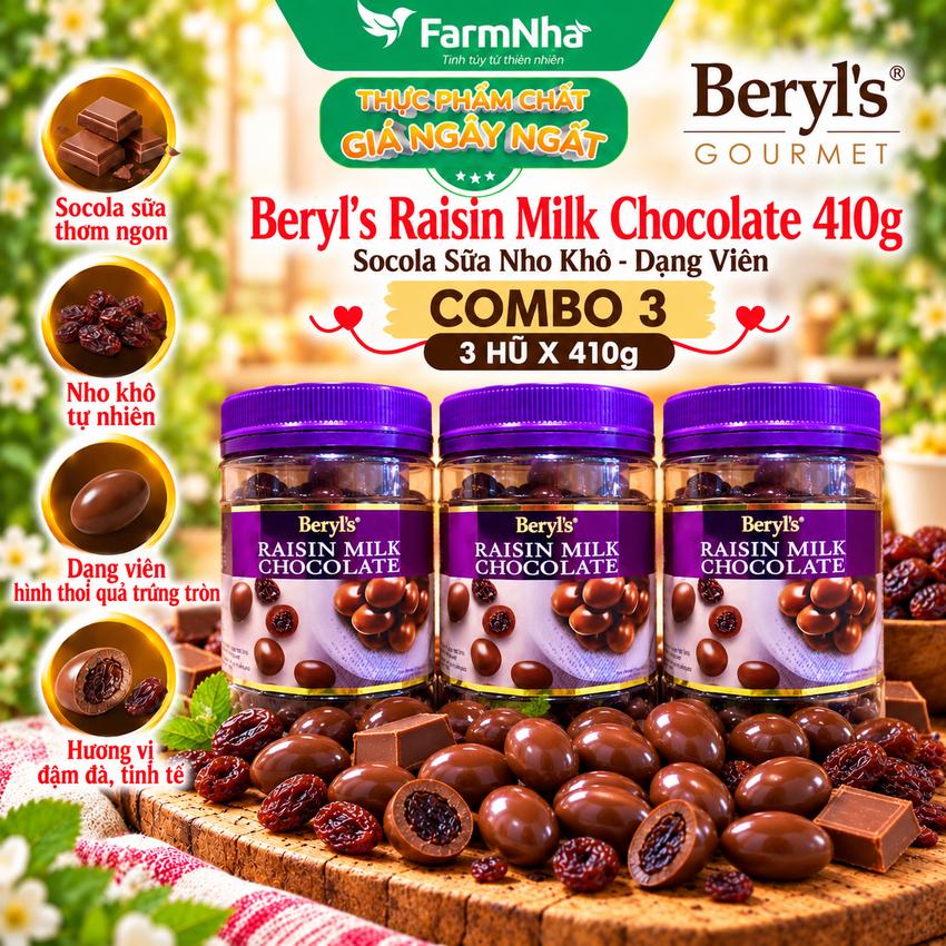 (Combo 3) Sôcôla Beryls Raisin Milk Chocolate 410gr - Sôcôla Sữa Hảo Hạng nhân Nho Khô Tuyệt Hảo