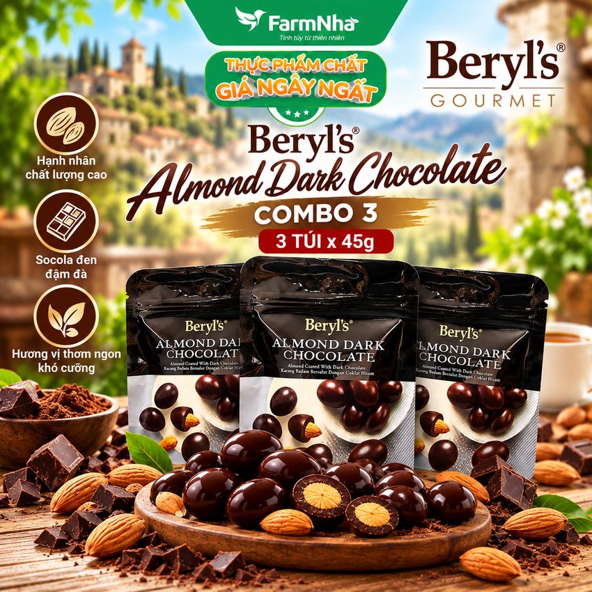 (Combo 3) Sô cô la Beryls Almond Dark Chocolate 45g: Sự Kết Hợp Hoàn Hảo Giữa Hạnh Nhân và Sô Cô La Đen