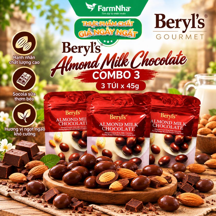 (Combo 3) Sô cô la Beryls Almond Milk Chocolate 45g: Sự Kết Hợp Hoàn Hảo Giữa Sô Cô La Sữa và Hạnh Nhân