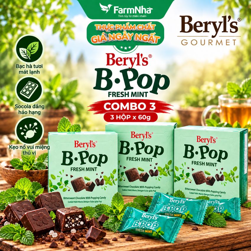 (Combo 3) Socola Beryls B.Pop Fresh Mint 50g - Kẹo nổ Bittersweet Chocolate & Bạc Hà Mát Lạnh