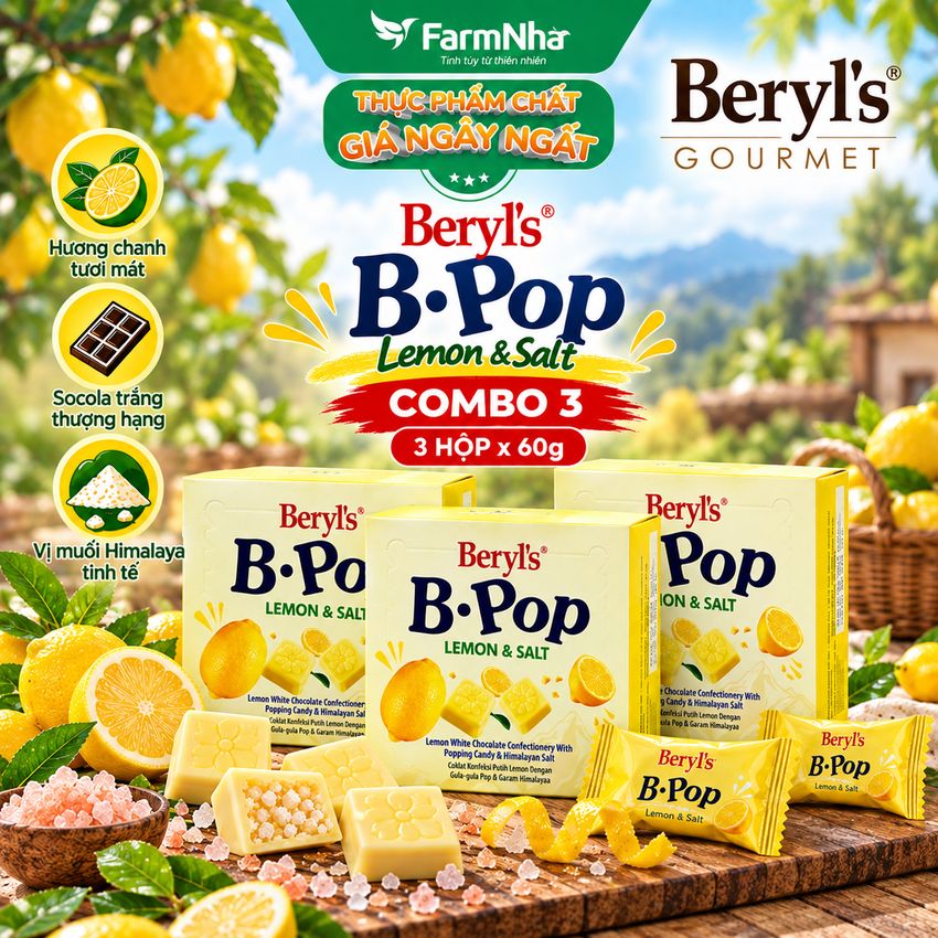 (Combo 3) Socola Beryls B.Pop Lemon & Salt 50g - Kẹo Nổ White Chocolate và Muối Himalaya