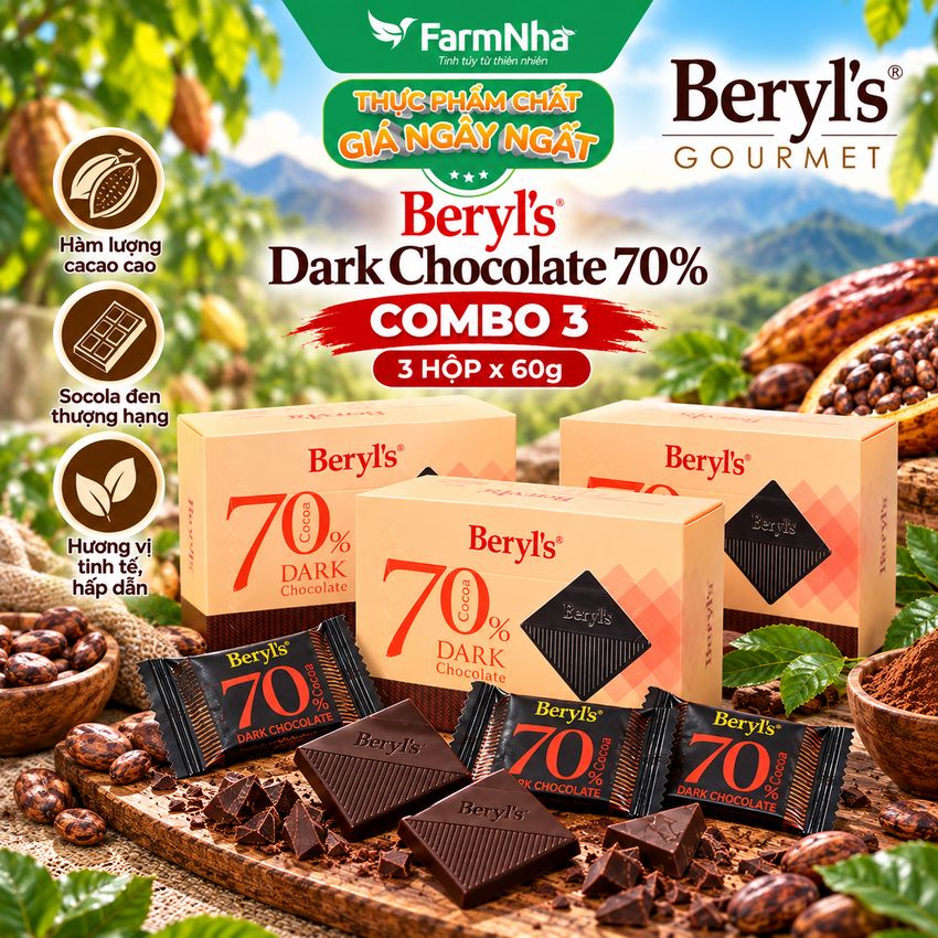 (Combo 3) Socola Beryls 70% Cocoa Dark 60g - Thưởng Thức Hương Vị Sôcôla Thơm Ngon Tuyệt Hảo