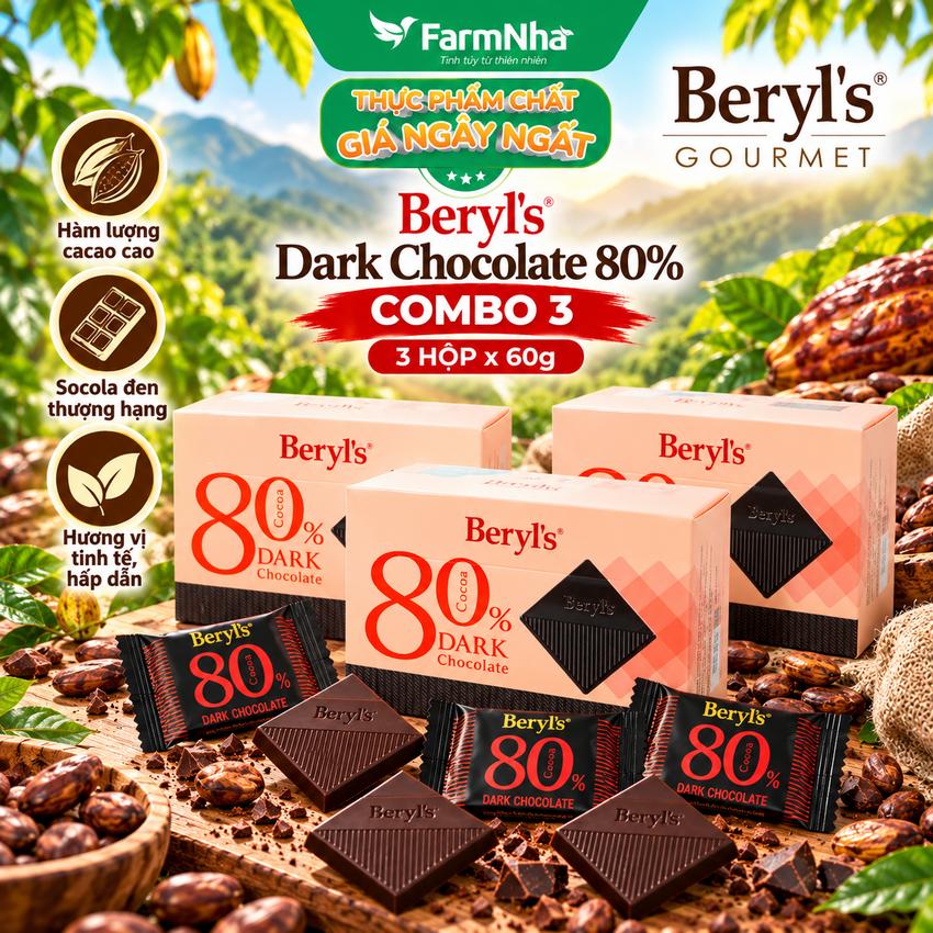 (Combo 3) Socola Beryls 80% Cocoa Dark 60g - Thưởng Thức Hương Vị Sôcôla Thơm Ngon Tuyệt Hảo