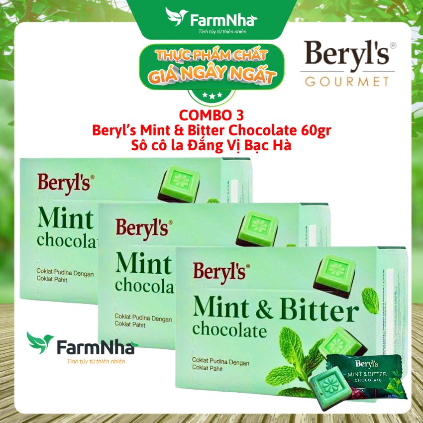 (Combo 3) Socola Beryls Mint & Bitter Chocolate 60g | Socola Đắng Bạc Hà, Hương Vị Đậm Đà Mát Lạnh 