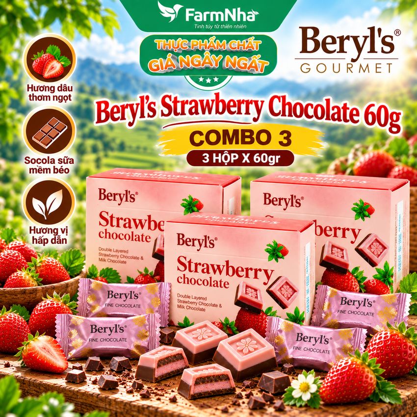 (Combo 3) Socola Beryls Strawberry 60g - Lớp Dâu Chua Ngọt Kết Hợp Socola Sữa