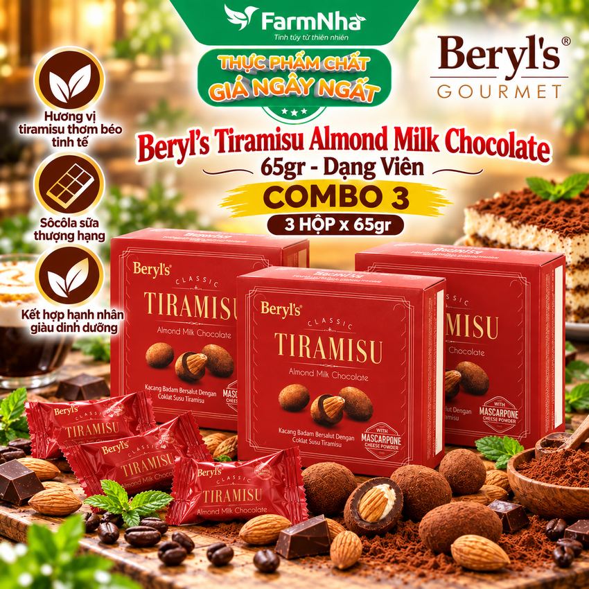 (Combo 3) Socola Beryls Tiramisu Almond Milk Chocolate 65g - Tiramisu, Sữa và Hạnh Nhân Béo Ngậy