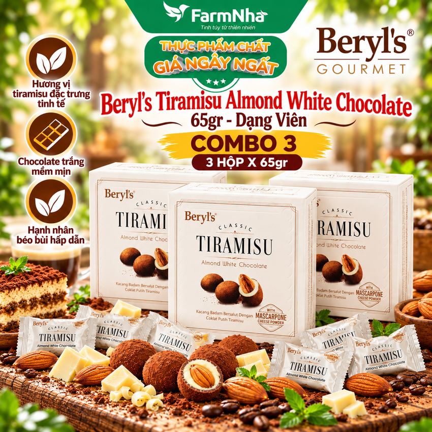 (Combo 3) Socola Beryls Tiramisu Almond White Chocolate 65g - Socola Trắng và Hạnh Nhân Béo Ngậy