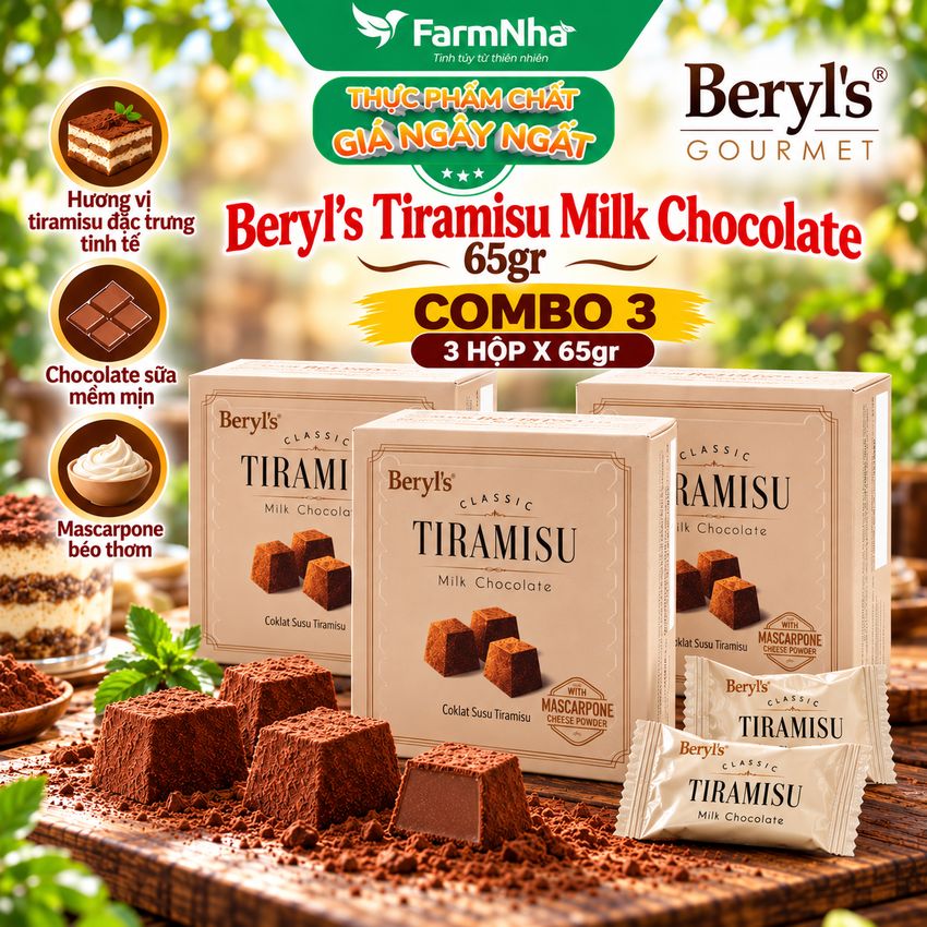 (Combo 3) Sôcôla Beryls Tiramisu Classic Milk Chocolate 65g - Với Phô Mai Kem Ý Tiramisu Béo Ngậy