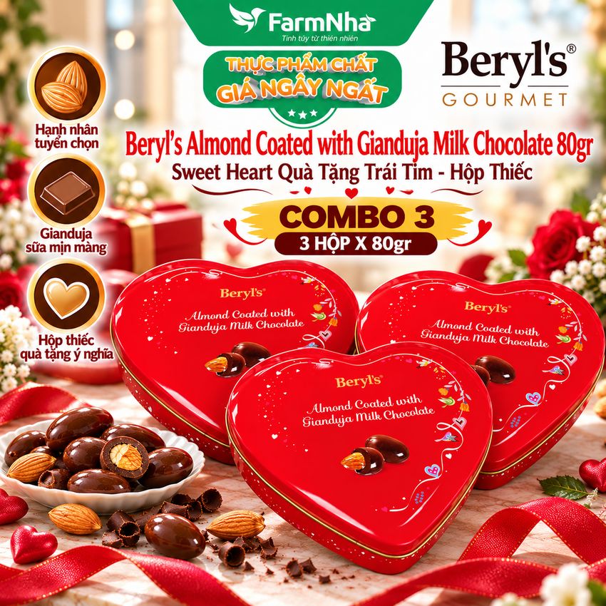 (Combo 3) Socola Beryls Almond Gianduja Milk Chocolate 80g Trái Tim – Ngọt Ngào và Yêu Thương