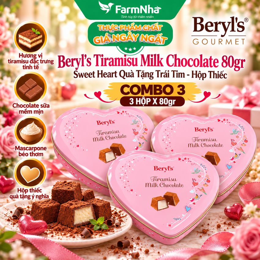 (Combo 3) Socola Beryls Tira Milk Chocolate 80g Hộp Trái Tim – Ngọt Ngào và Yêu Thương