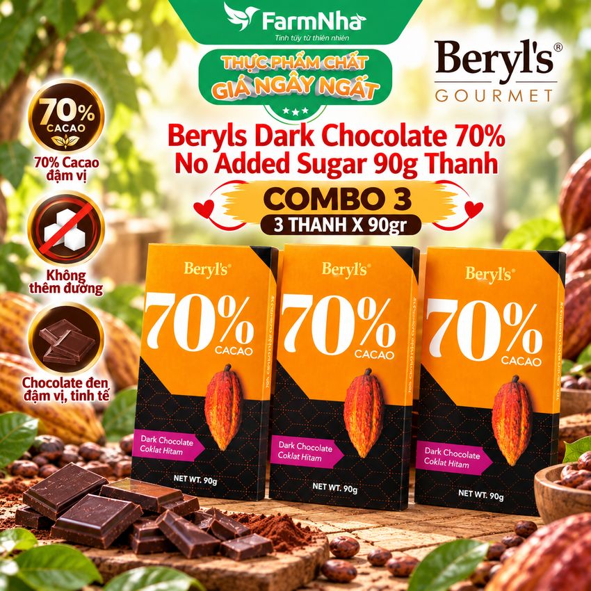 (Combo 3) Sô cô la Beryls No Added Sugar Dark 70% Chocolate 90g: Lựa Chọn Tinh Tế Cho Người Yêu Sô Cô La