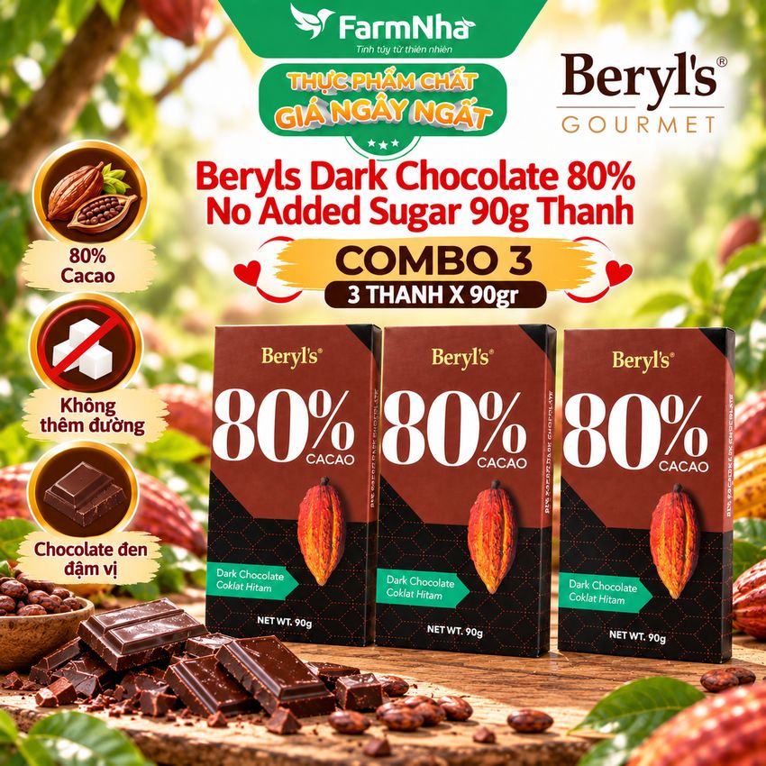 (Combo 3) Sô cô la Beryls No Added Sugar Dark 80% Chocolate 90g : Sự Lựa Chọn Hoàn Hảo Cho Người Yêu Thích Sô Cô La Đậm Đà