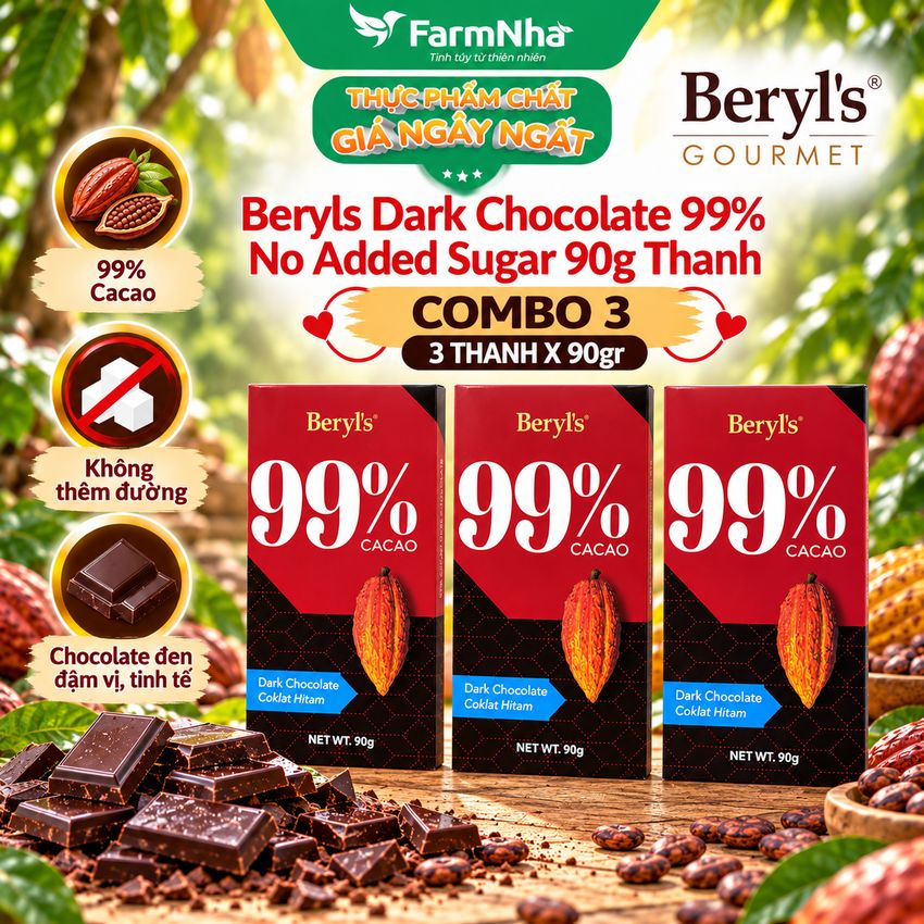 (Combo 3) Sô cô la Beryls No Added Sugar Dark 99% Chocolate 90g : Sô Cô La Nguyên Chất Không Đường Tinh Tế