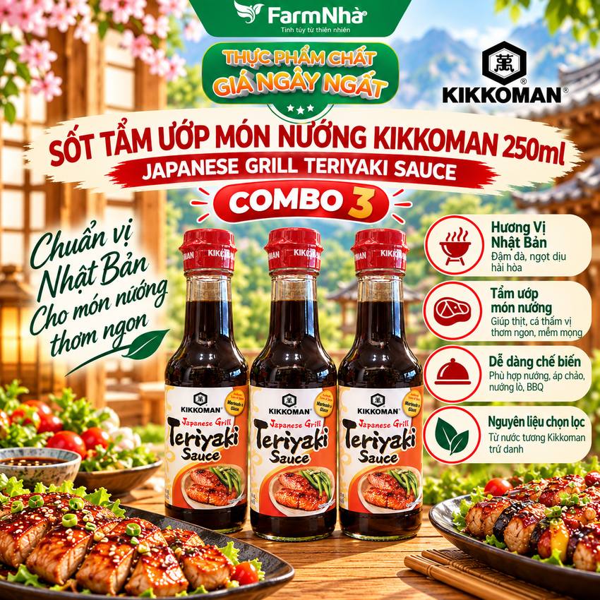 (Combo 3) Sốt Teriyaki Sauce Japanese Grill Kikkoman 250ml – Sốt Ướp & Nướng Chuẩn Vị Grill Japan