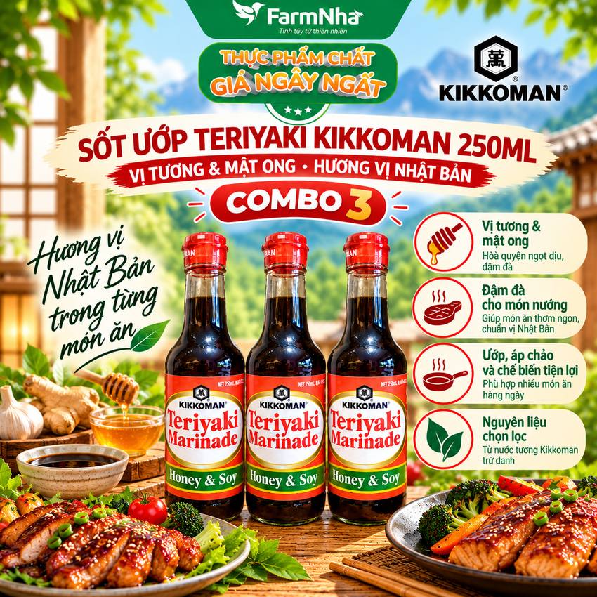 (Combo 3) Sốt Teriyaki Marinade Honey & Soy Kikkoman 250ml – Sốt Ướp Nước Tương Mật Ong chuẩn Nhật