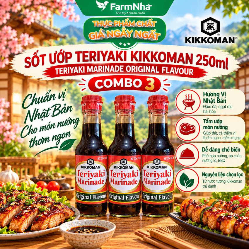 (Combo 3) Nước sốt Teriyaki Marinade Original Flavour Kikkoman 250ml – Vị Teriyaki truyền thống chuẩn Nhật
