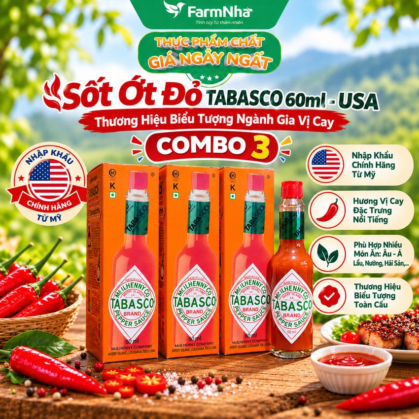 (Combo 3) Sốt ớt đỏ Tabasco Pepper Sauce 60ml – Sốt Ớt Chua Cay Trứ Danh từ Mỹ 