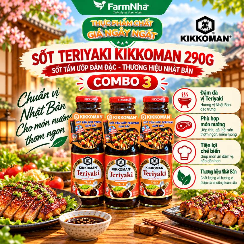 (Combo 3) Sốt Teriyaki Thick Kikkoman 290g – Sốt Ướp Đậm Đặc & Nướng Chuẩn Nhật, Sánh Đậm Siêu Ngon